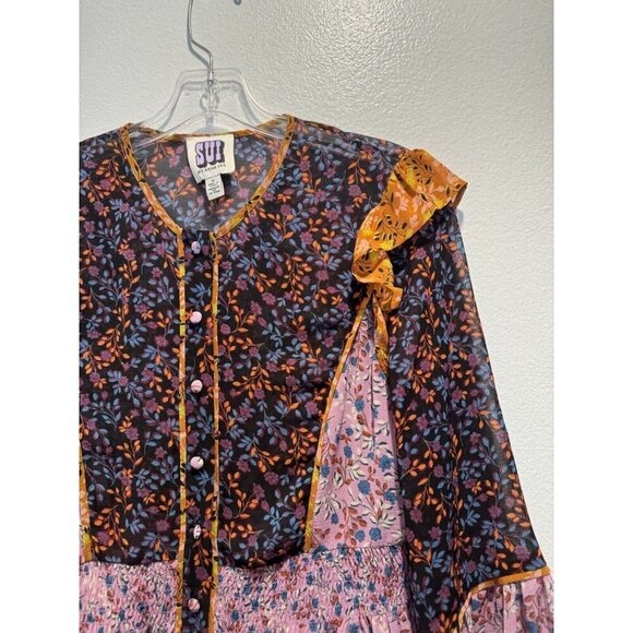 SUI By Anna Sui Size XS Falling Leaves Floral Print Blouse Peasant Sheer Boho - Picture 4 of 8